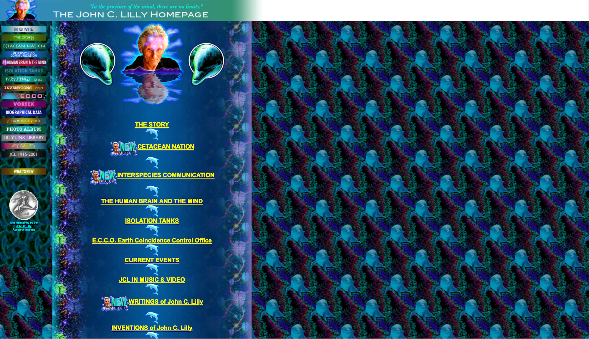 screenshot of John C. Lilly Homepage. garish, beautiful, older html
